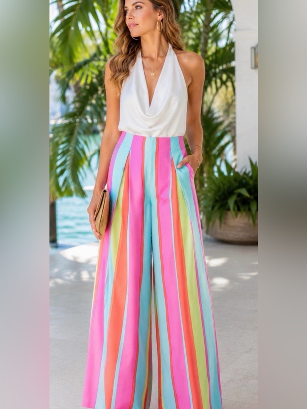 NWT Trina Turk Size 10 Pastel Rainbow Stripe Wide-Leg Pants